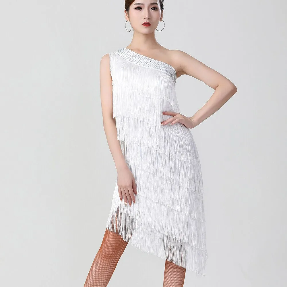 1920s Flapper Charleston Party Costumes Sexy One Shoulder Tiered Fringe Dress Latin Salsa Rumba Dance Dress