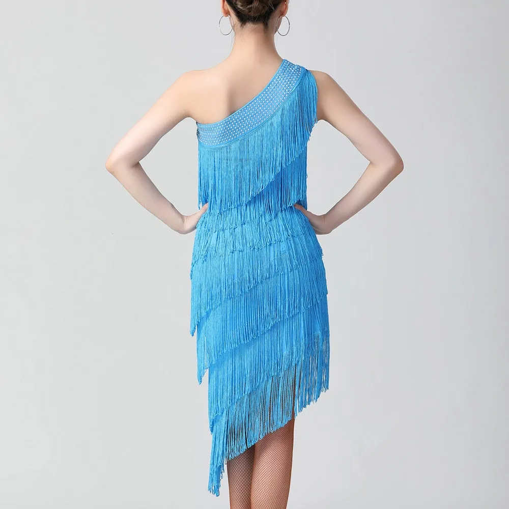 1920s Flapper Charleston Party Costumes Sexy One Shoulder Tiered Fringe Dress Latin Salsa Rumba Dance Dress