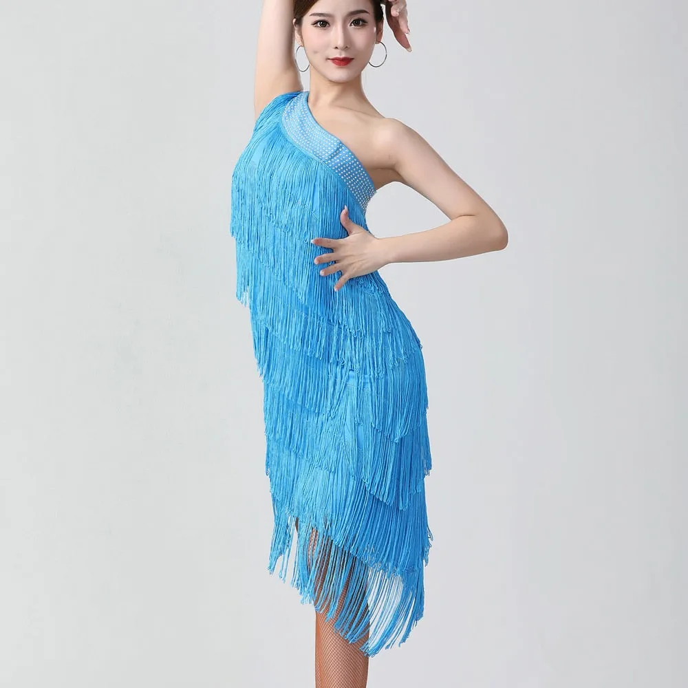 1920s Flapper Charleston Party Costumes Sexy One Shoulder Tiered Fringe Dress Latin Salsa Rumba Dance Dress