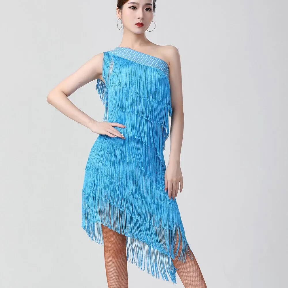 1920s Flapper Charleston Party Costumes Sexy One Shoulder Tiered Fringe Dress Latin Salsa Rumba Dance Dress