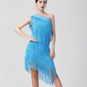 1920s Flapper Charleston Party Costumes Sexy One Shoulder Tiered Fringe Dress Latin Salsa Rumba Dance Dress