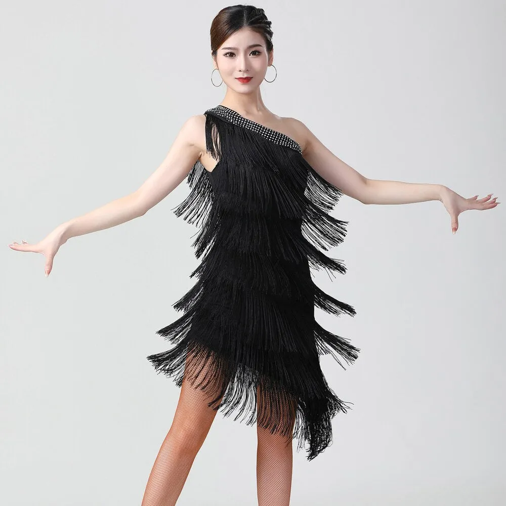 1920s Flapper Charleston Party Costumes Sexy One Shoulder Tiered Fringe Dress Latin Salsa Rumba Dance Dress