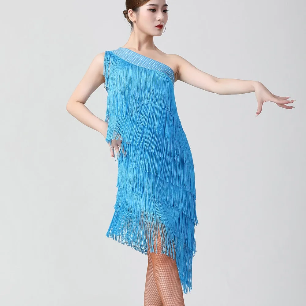 1920s Flapper Charleston Party Costumes Sexy One Shoulder Tiered Fringe Dress Latin Salsa Rumba Dance Dress