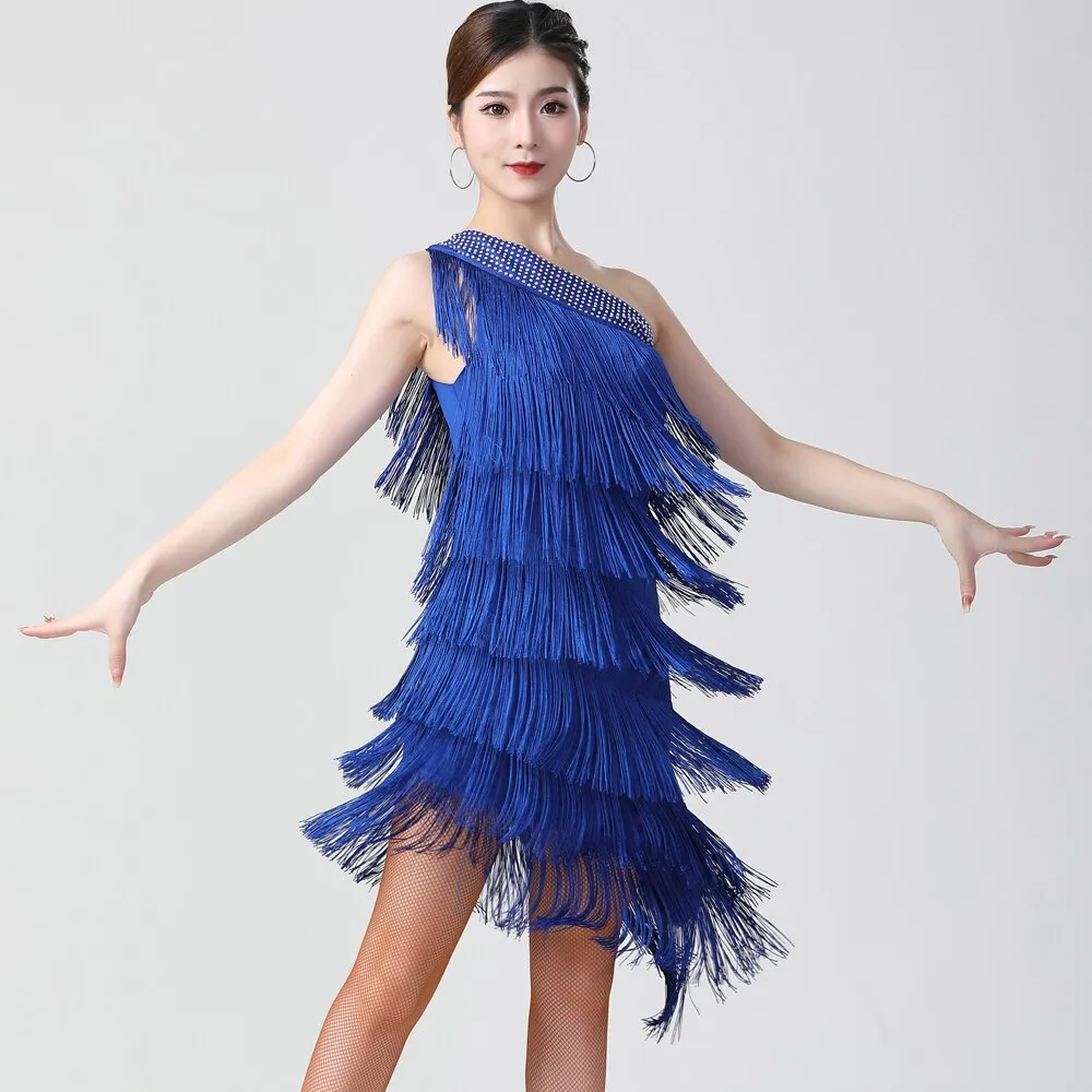 1920s Flapper Charleston Party Costumes Sexy One Shoulder Tiered Fringe Dress Latin Salsa Rumba Dance Dress