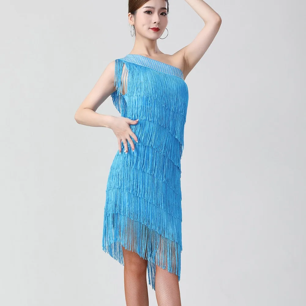 1920s Flapper Charleston Party Costumes Sexy One Shoulder Tiered Fringe Dress Latin Salsa Rumba Dance Dress