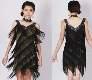 1920s Gatsby Flapper Sexy Beaded Sequined V Neck Fancy Fringe Dress Salsa Rumba Samba Jazz Latin Dance Dress