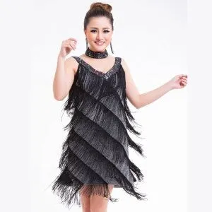 1920s Gatsby Flapper Sexy Beaded Sequined V Neck Fancy Fringe Dress Salsa Rumba Samba Jazz Latin Dance Dress