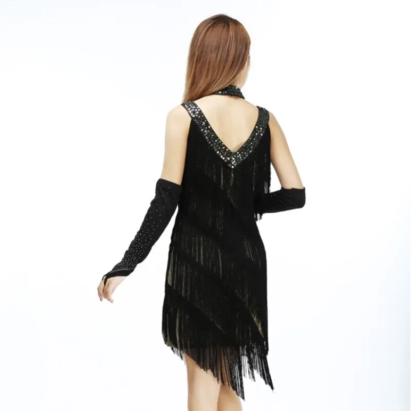 1920s Gatsby Flapper Sexy Beaded Sequined V Neck Fancy Fringe Dress Salsa Rumba Samba Jazz Latin Dance Dress