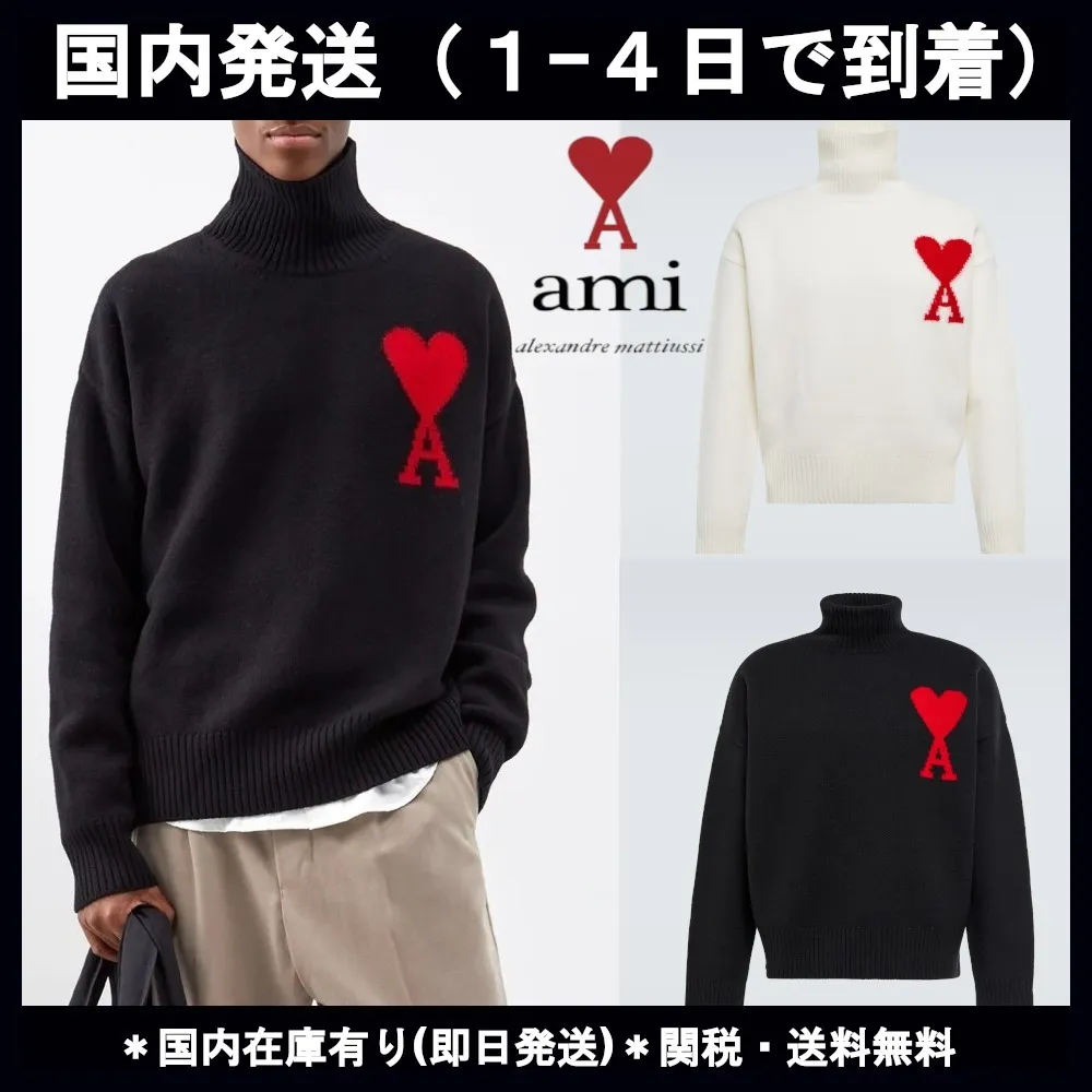 AMI PARIS  |Heart Wool Street Style Long Sleeves Plain Logo Skater Style