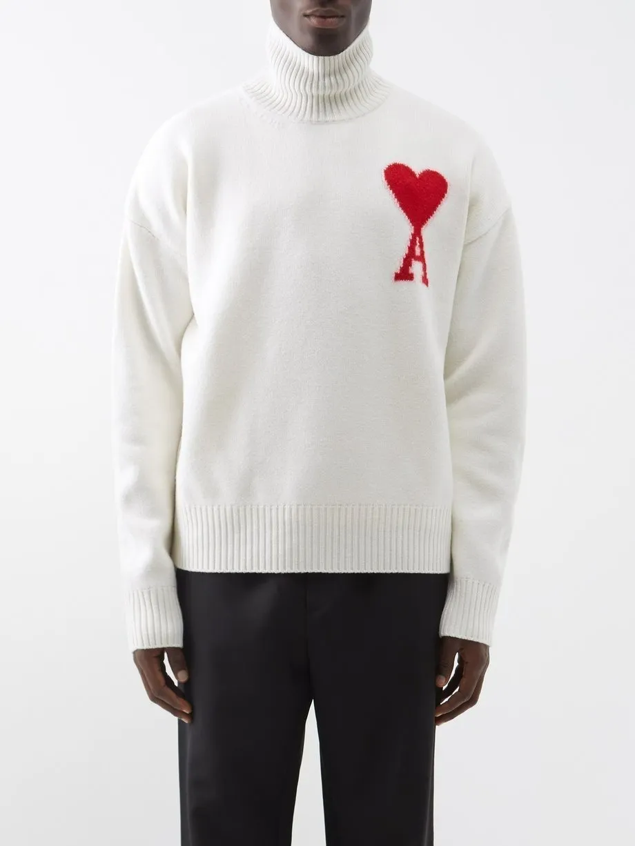 AMI PARIS  |Heart Wool Street Style Long Sleeves Plain Logo Skater Style