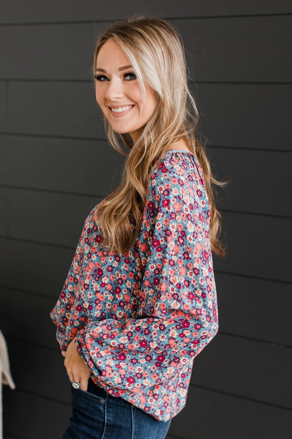 Back To Bliss Floral Blouse- Denim Blue