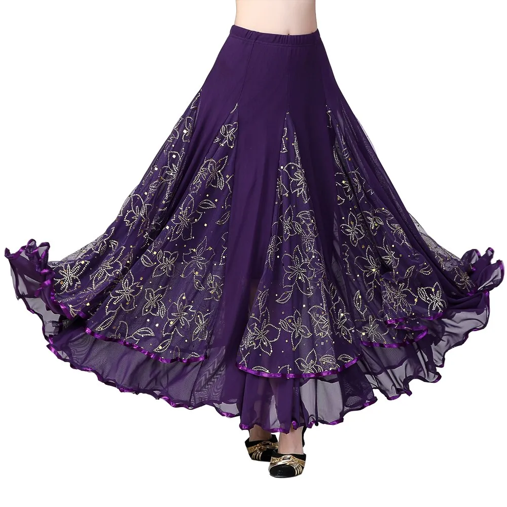 Ballroom Dancing 360 Degree Long Swing Latin Salsa Rumba Flamenco Dance Skirts Tribal Floral Mesh Dance Skirts