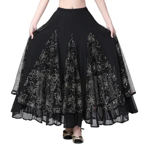 Ballroom Dancing 360 Degree Long Swing Latin Salsa Rumba Flamenco Dance Skirts Tribal Floral Mesh Dance Skirts