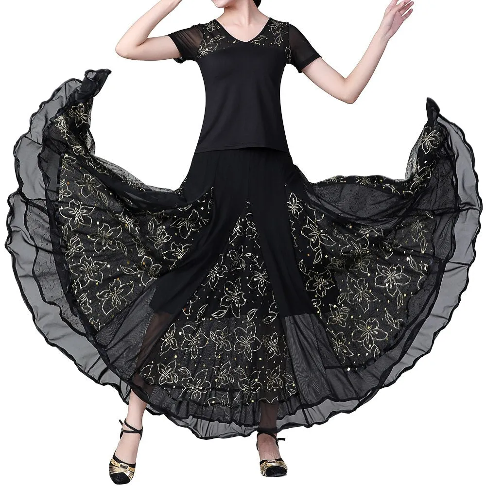 Ballroom Dancing 360 Degree Long Swing Latin Salsa Rumba Flamenco Dance Skirts Tribal Floral Mesh Dance Skirts