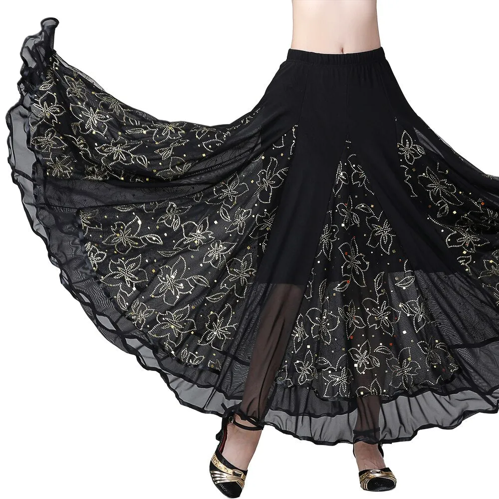 Ballroom Dancing 360 Degree Long Swing Latin Salsa Rumba Flamenco Dance Skirts Tribal Floral Mesh Dance Skirts