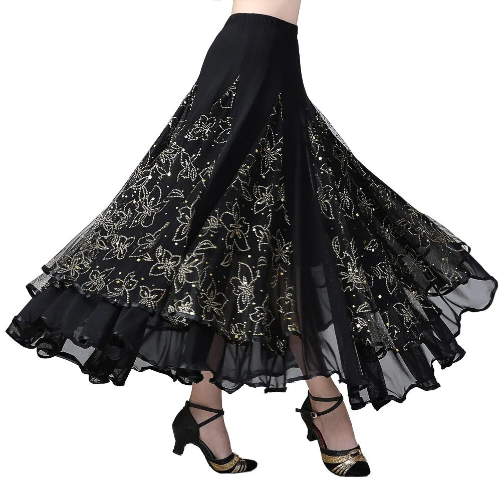 Ballroom Dancing 360 Degree Long Swing Latin Salsa Rumba Flamenco Dance Skirts Tribal Floral Mesh Dance Skirts