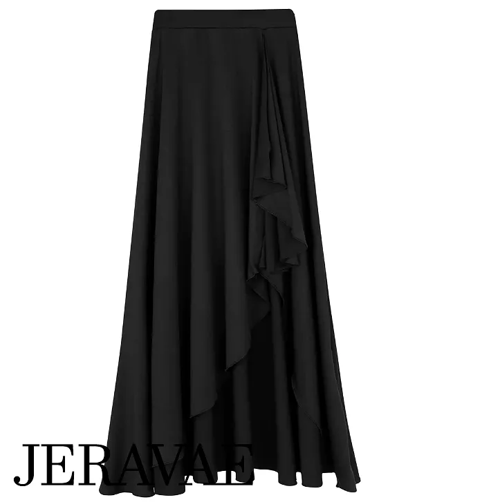 Black Asymmetrical Flamenco/Tango/Latin Practice Dance Skirt with Side Slit and Ruffle Sash PRA 1078 in Stock