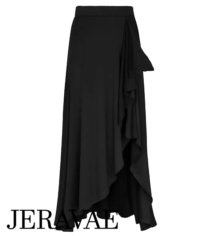 Black Asymmetrical Flamenco/Tango/Latin Practice Dance Skirt with Side Slit and Ruffle Sash PRA 1078 in Stock