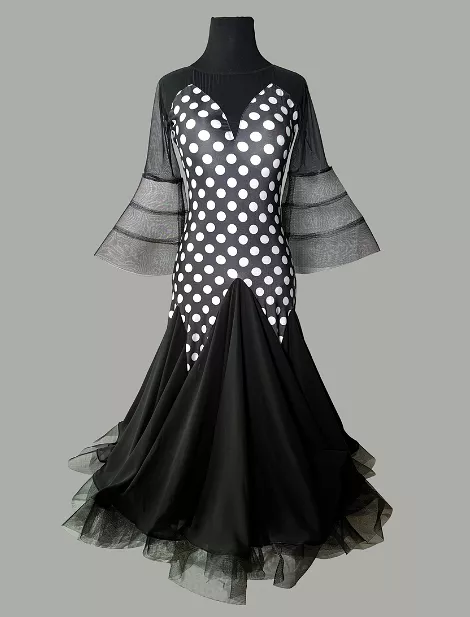 Black Ballroom Practice Dress with White Polka Dots, Illusion Neckline, and Flared Crinoline Sleeves and Skirt Hem PRA 1005_sale