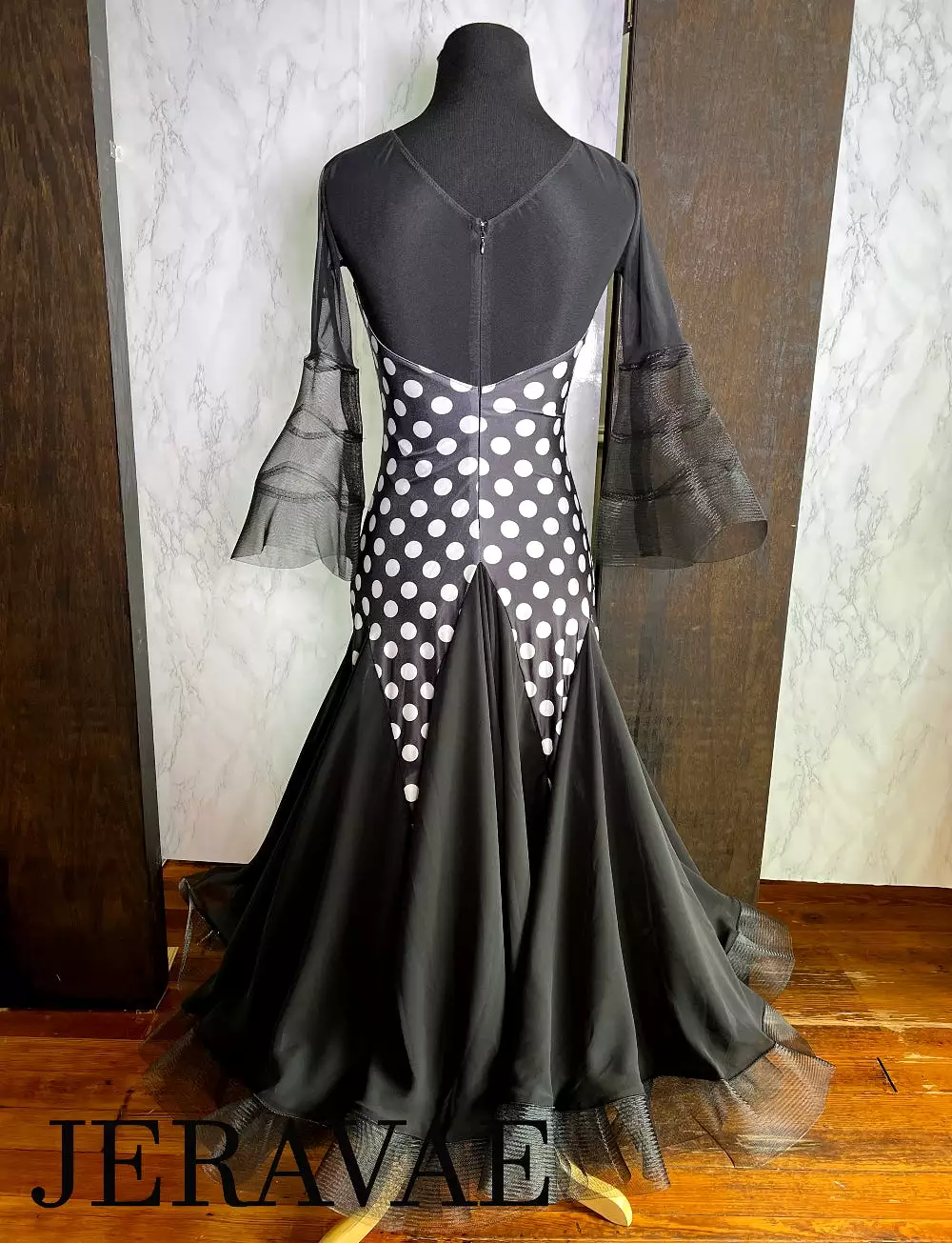 Black Ballroom Practice Dress with White Polka Dots, Illusion Neckline, and Flared Crinoline Sleeves and Skirt Hem PRA 1005_sale