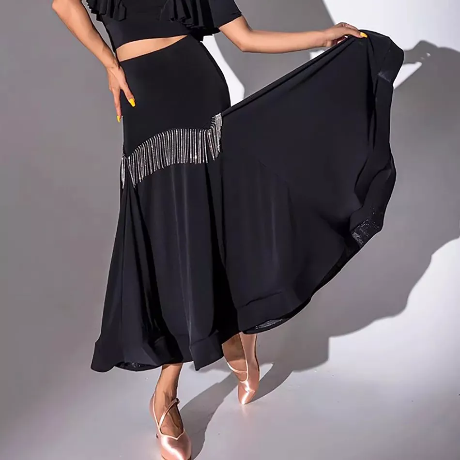 Black Ballroom Practice Skirt with Flexible Crystal Chains and Wrapped Horsehair Hem PRA 1076 in Stock