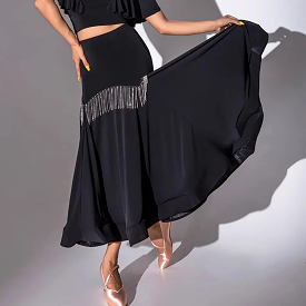 Black Ballroom Practice Skirt with Flexible Crystal Chains and Wrapped Horsehair Hem PRA 1076 in Stock