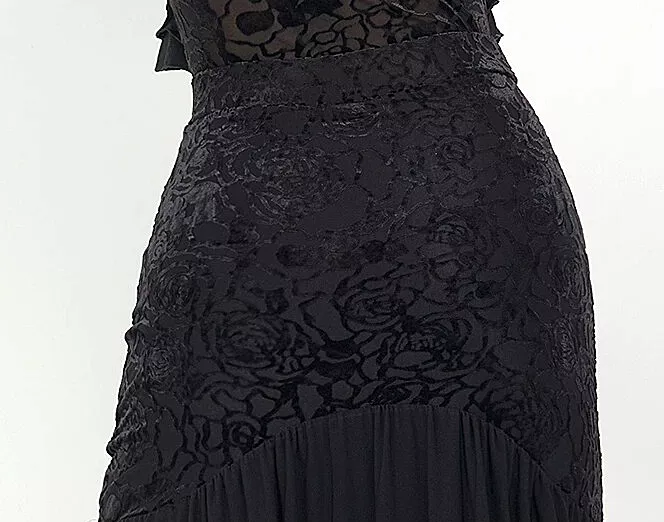 Black Ballroom Practice Skirt with Velvet Pattern and Wrapped Horsehair Hem PRA 1037 in Stock