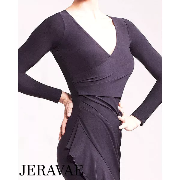 Black Latin Practice Dress with Asymmetrical Skirt and Wrapped Waistline PRA 106_sale