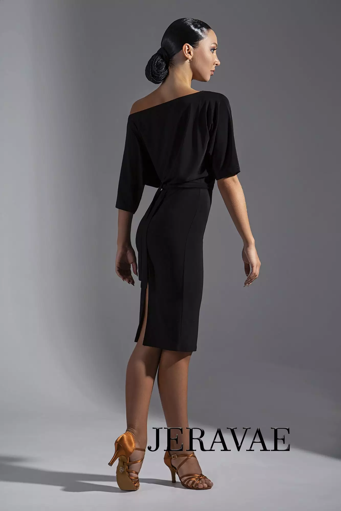 Black Latin Practice Dress with Half Sleeves, Slit in Back of Skirt, and Slouchy Top PRA 574_sale