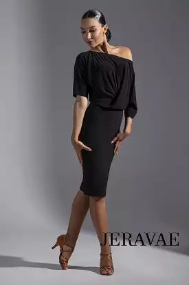 Black Latin Practice Dress with Half Sleeves, Slit in Back of Skirt, and Slouchy Top PRA 574_sale