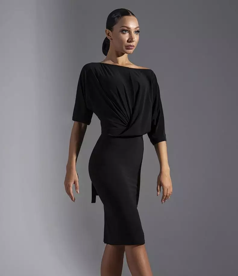 Black Latin Practice Dress with Half Sleeves, Slit in Back of Skirt, and Slouchy Top PRA 574_sale