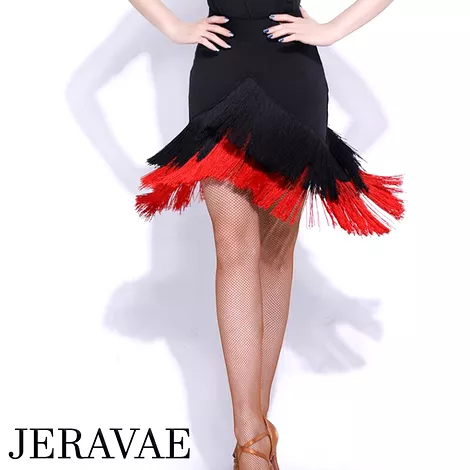 Black Latin Practice Skirt with Two Layers of Fringe in Angular Hem Shape Available in White, Purple, or Red PRA 310