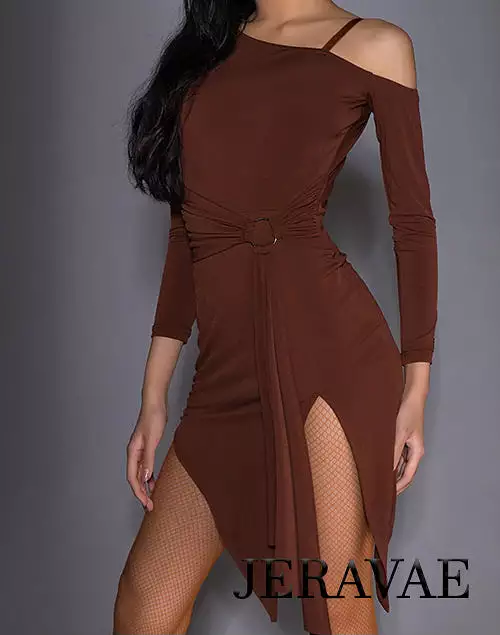 Black or Coffee Latin Practice Dress with Belt Sash, Single Strap, and Asymmetrical Skirt PRA 753_sale