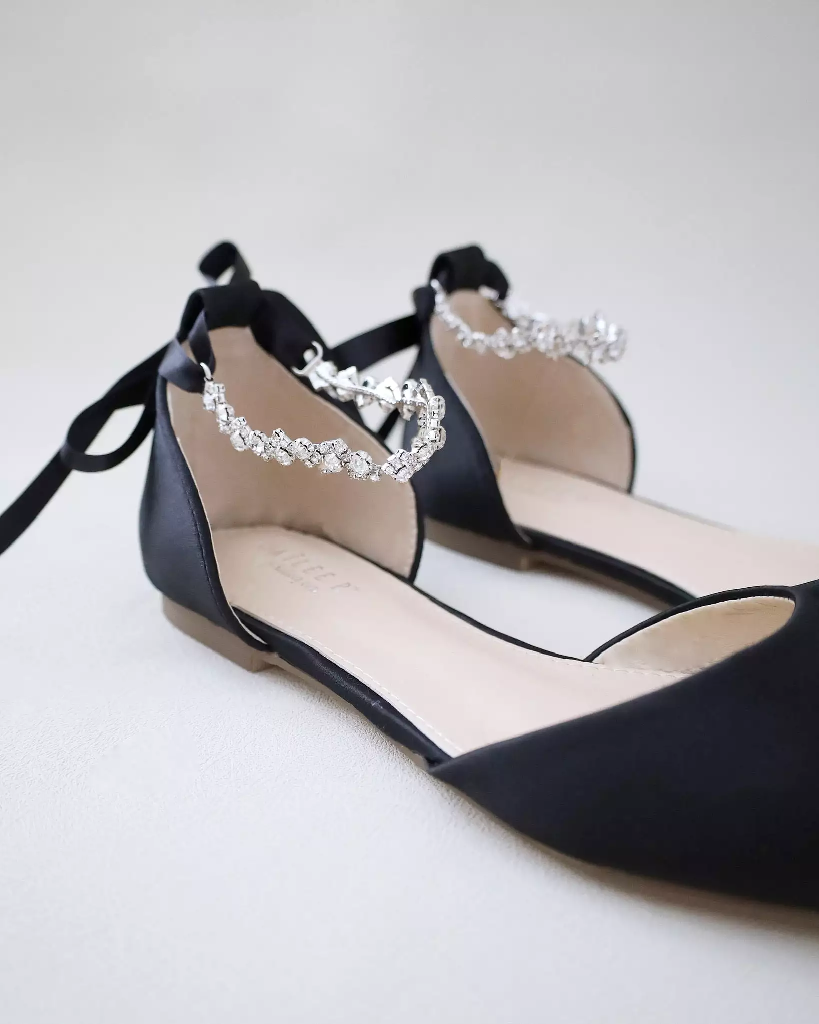 Black Satin Pointy Toe Evening Flats with Amaryllis Strap