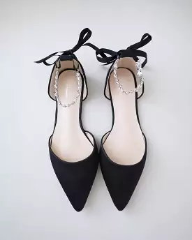 Black Satin Pointy Toe Evening Flats with Amaryllis Strap