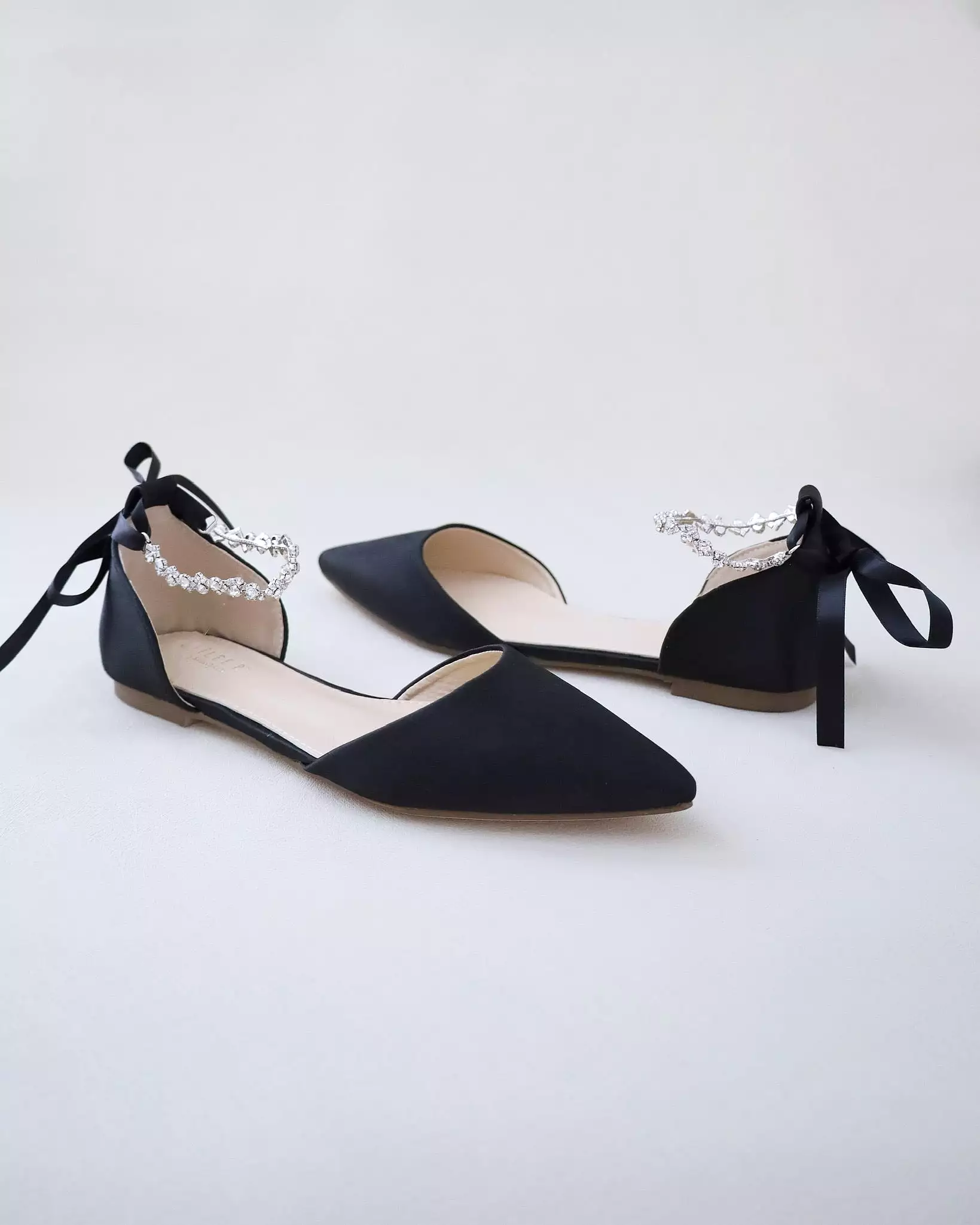 Black Satin Pointy Toe Evening Flats with Amaryllis Strap