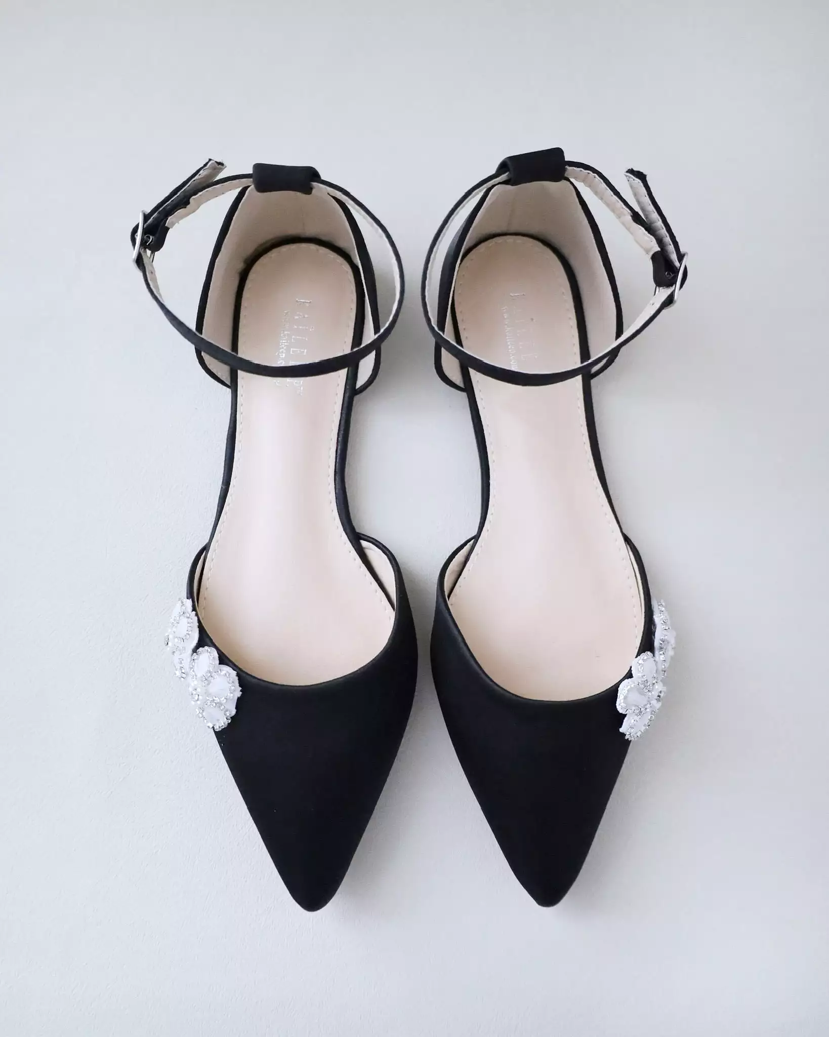 Black Satin Pointy Toe Evening Flats with Rhinestones Chassia Flower