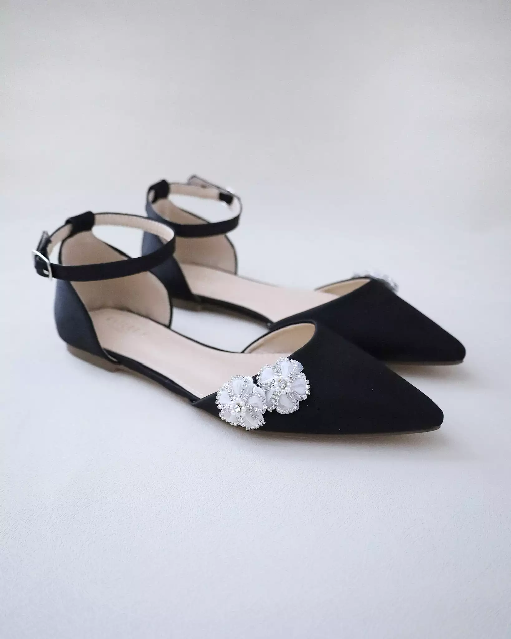 Black Satin Pointy Toe Evening Flats with Rhinestones Chassia Flower