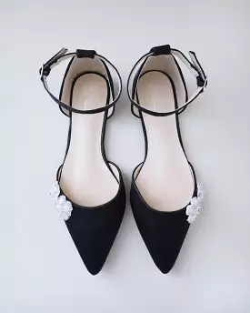 Black Satin Pointy Toe Evening Flats with Rhinestones Chassia Flower