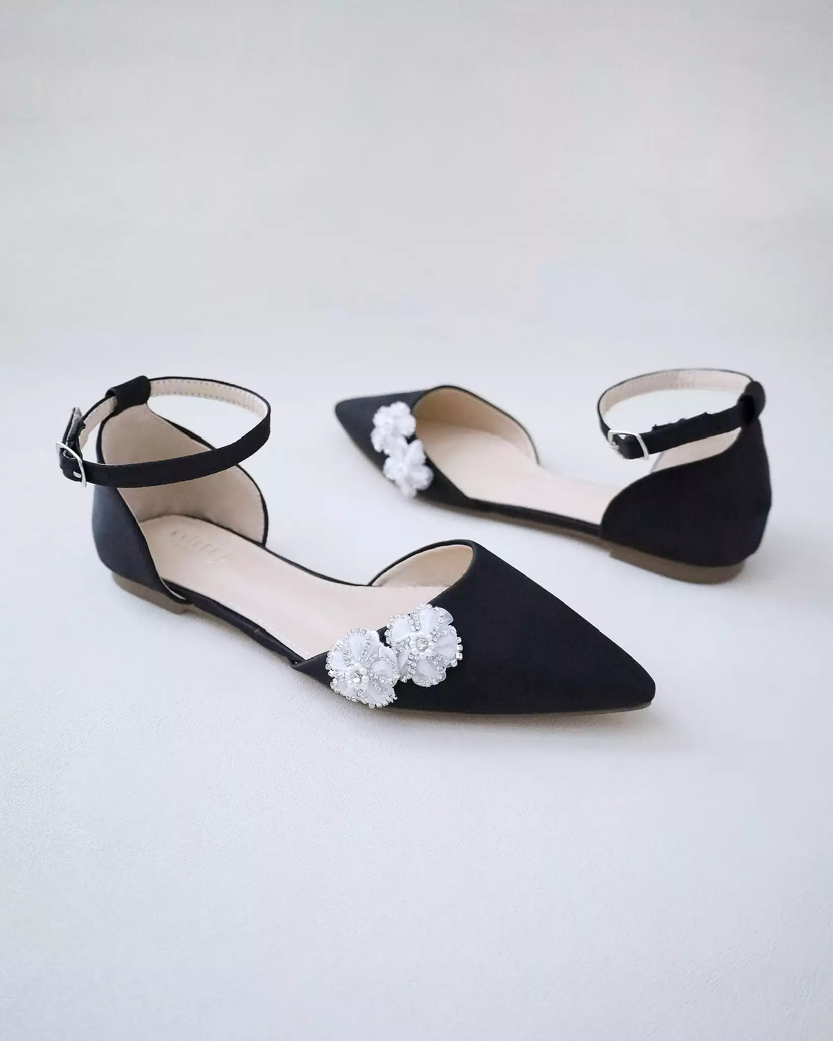 Black Satin Pointy Toe Evening Flats with Rhinestones Chassia Flower