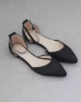 Black Satin Pointy Toe Flats with Ankle Strap