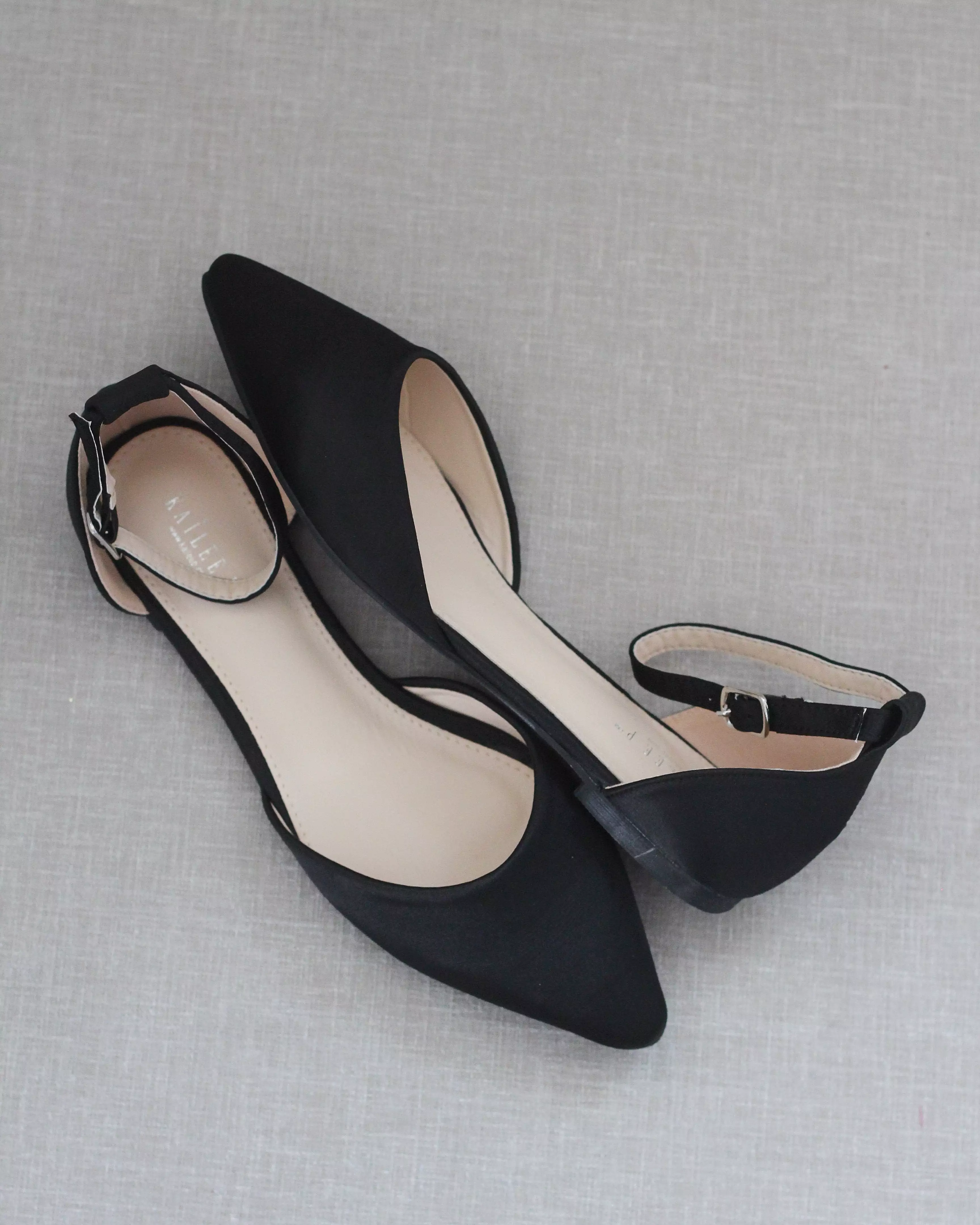 Black Satin Pointy Toe Flats with Ankle Strap