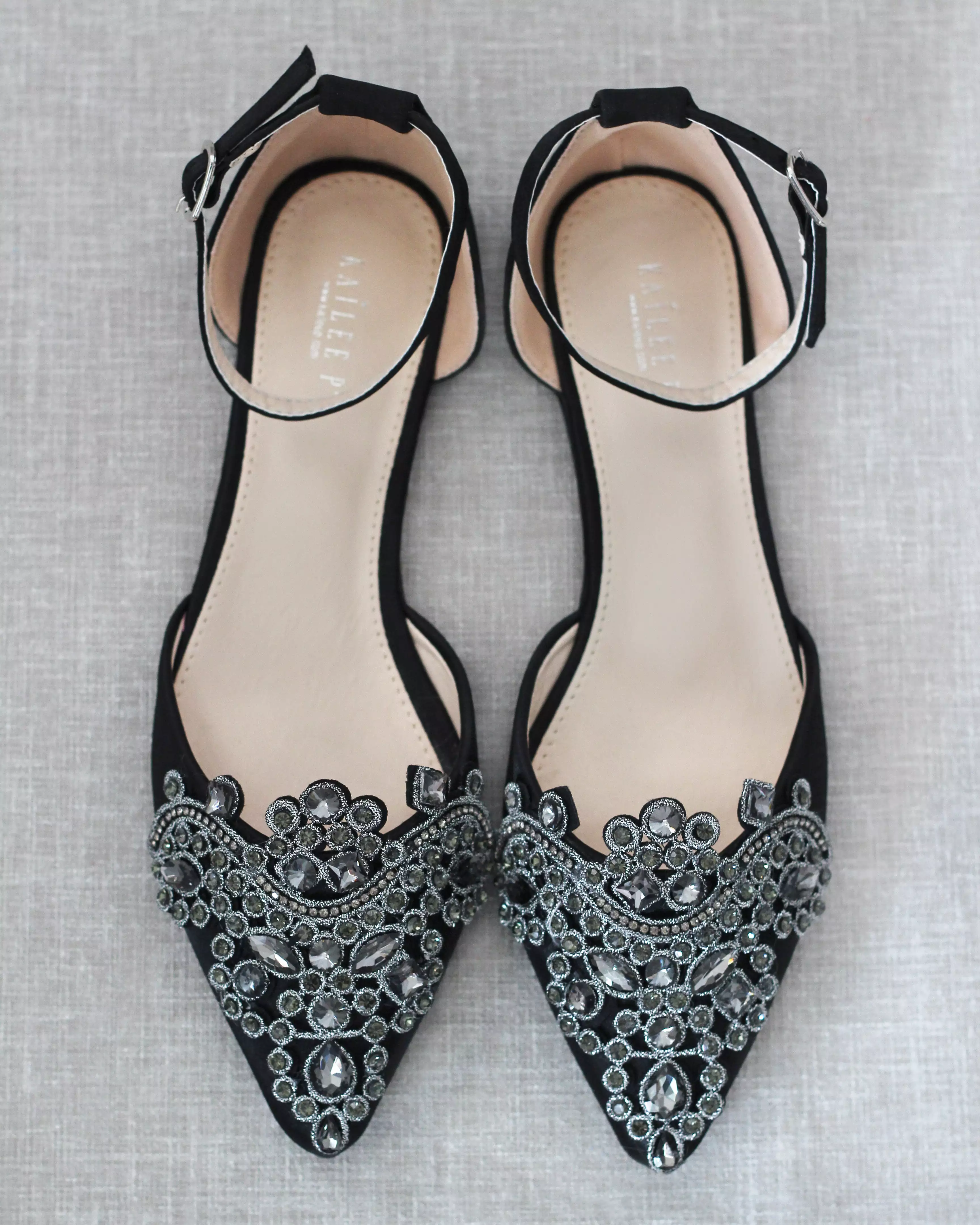 Black Satin Pointy Toe Flats with Oversized Rhinestones Applique Embellishments