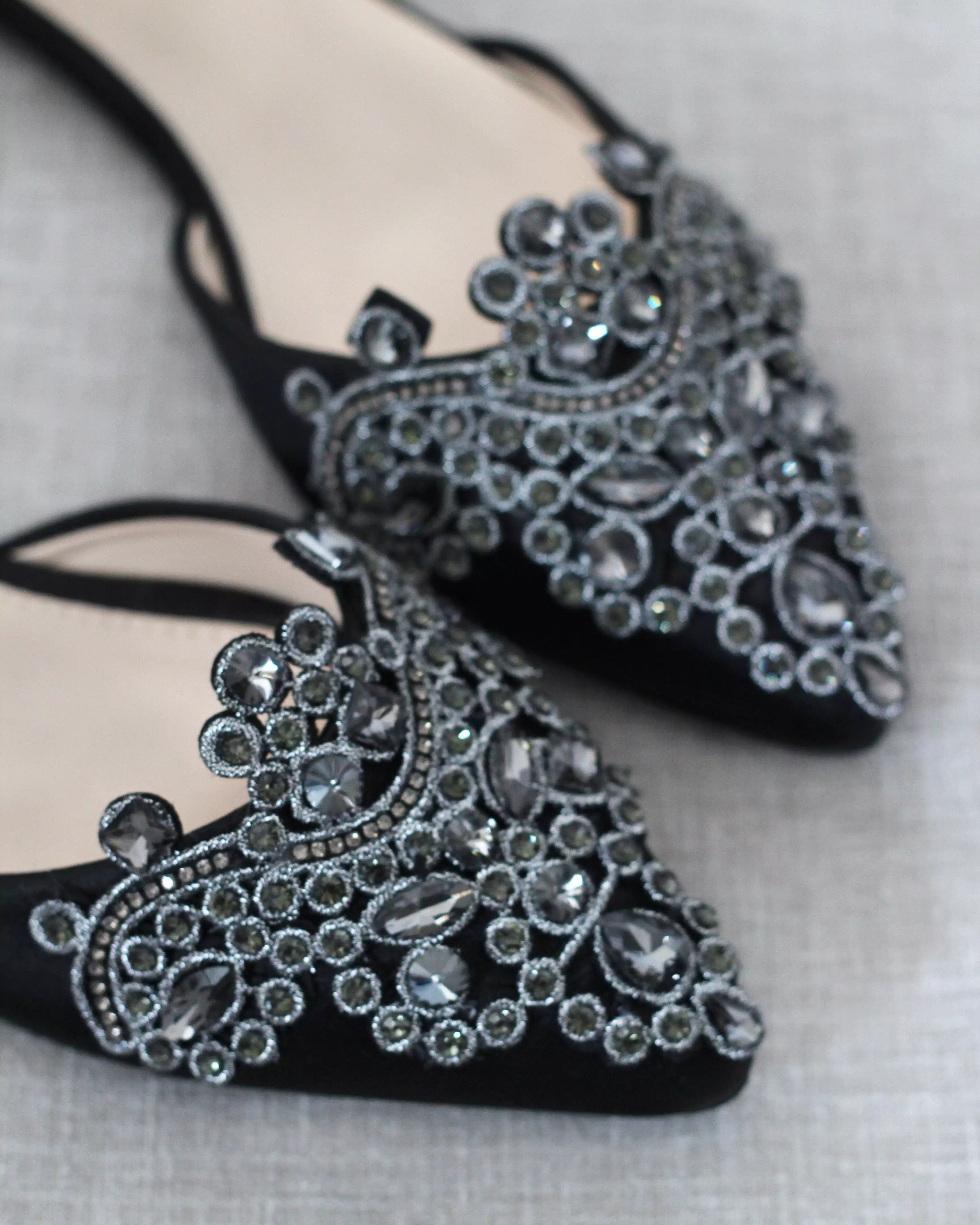 Black Satin Pointy Toe Flats with Oversized Rhinestones Applique Embellishments