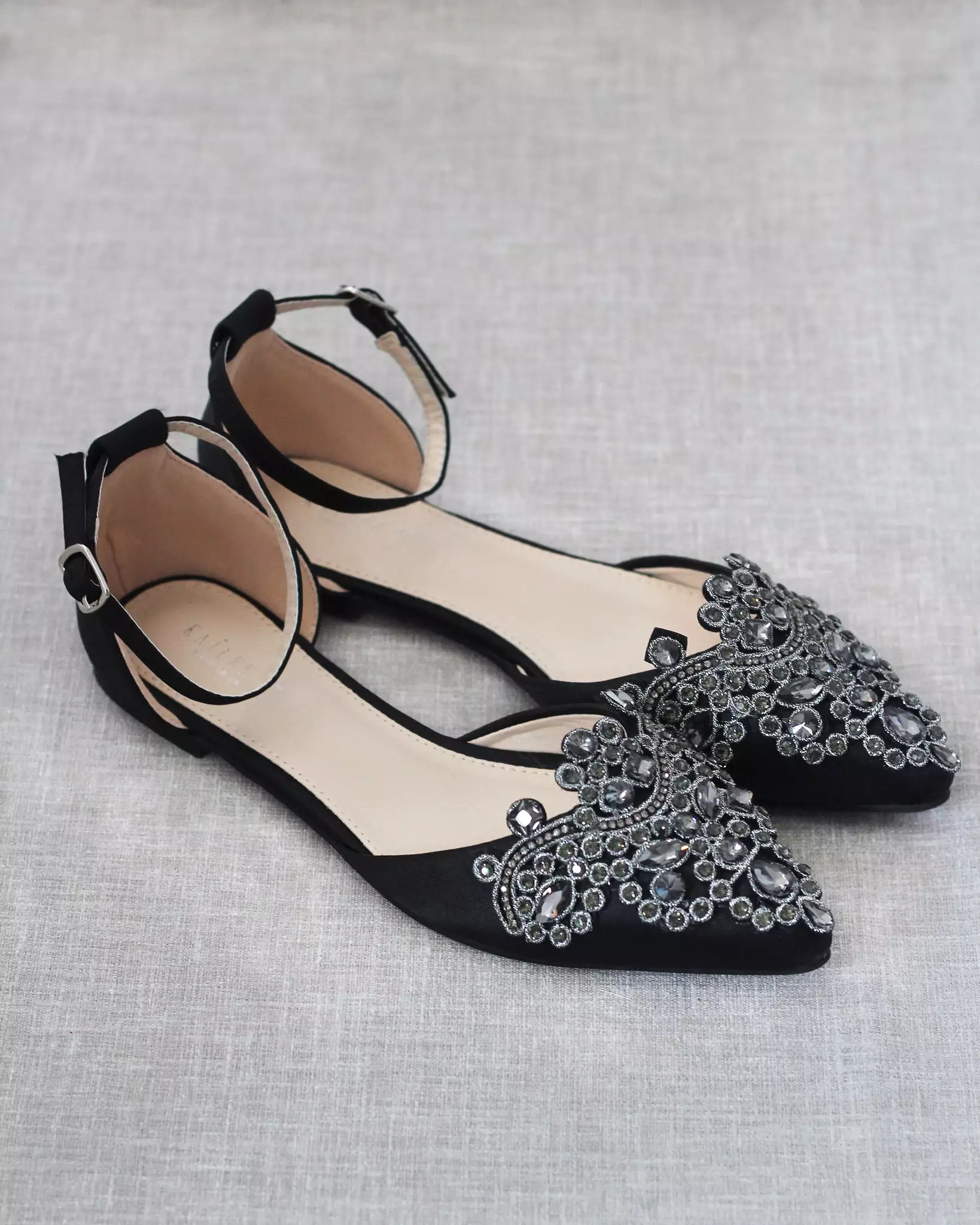 Black Satin Pointy Toe Flats with Oversized Rhinestones Applique Embellishments