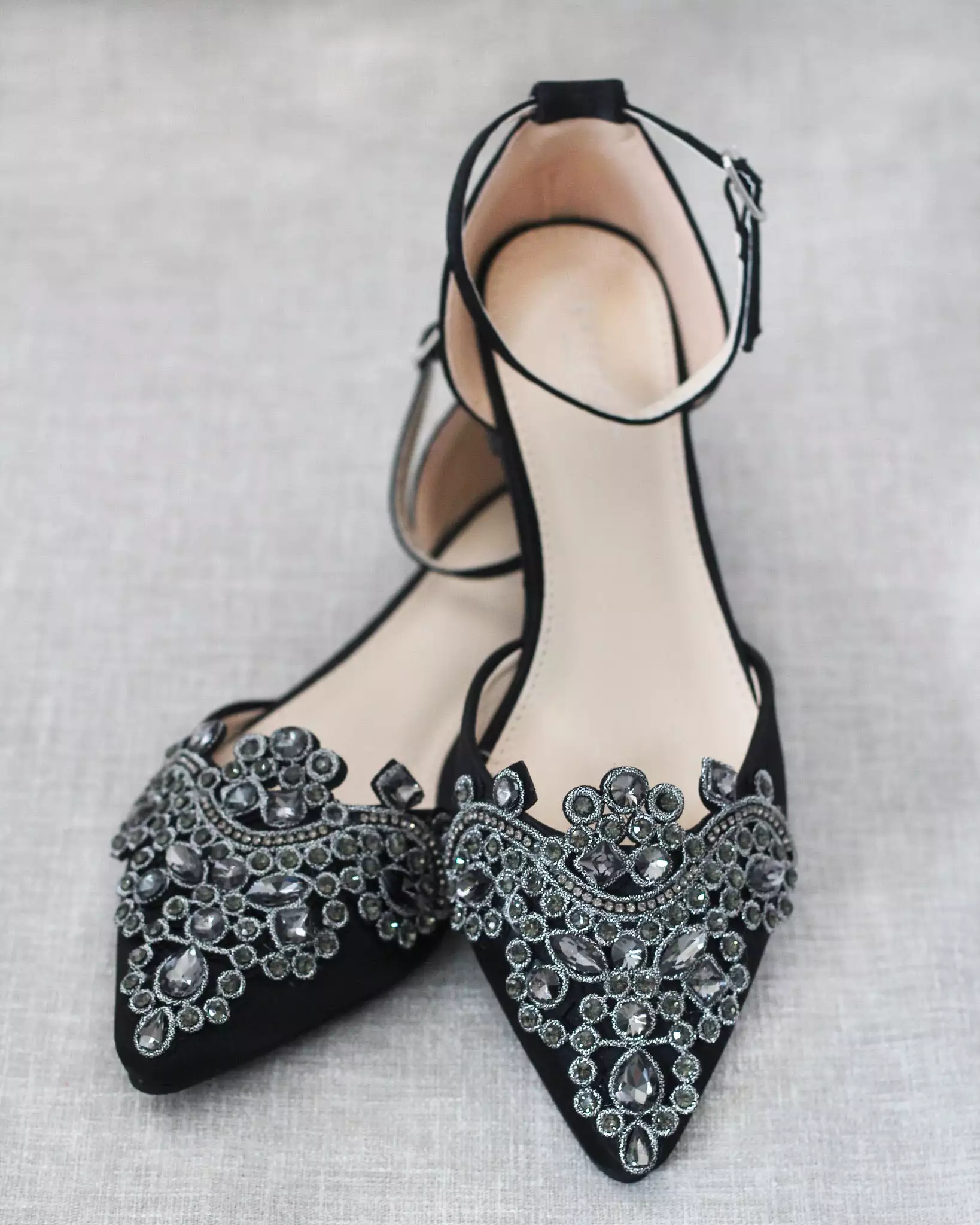 Black Satin Pointy Toe Flats with Oversized Rhinestones Applique Embellishments