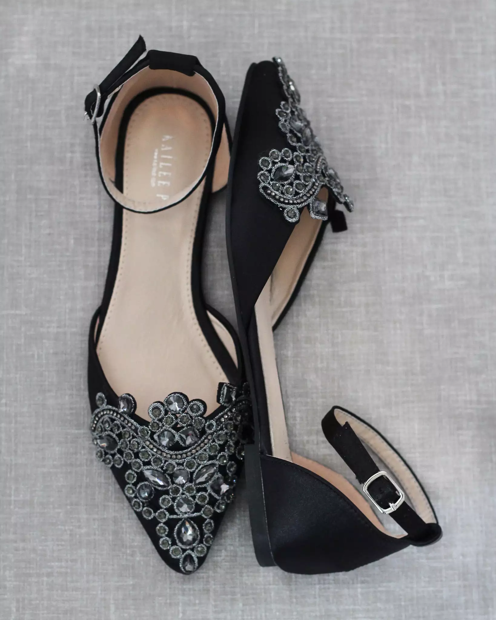 Black Satin Pointy Toe Flats with Oversized Rhinestones Applique Embellishments