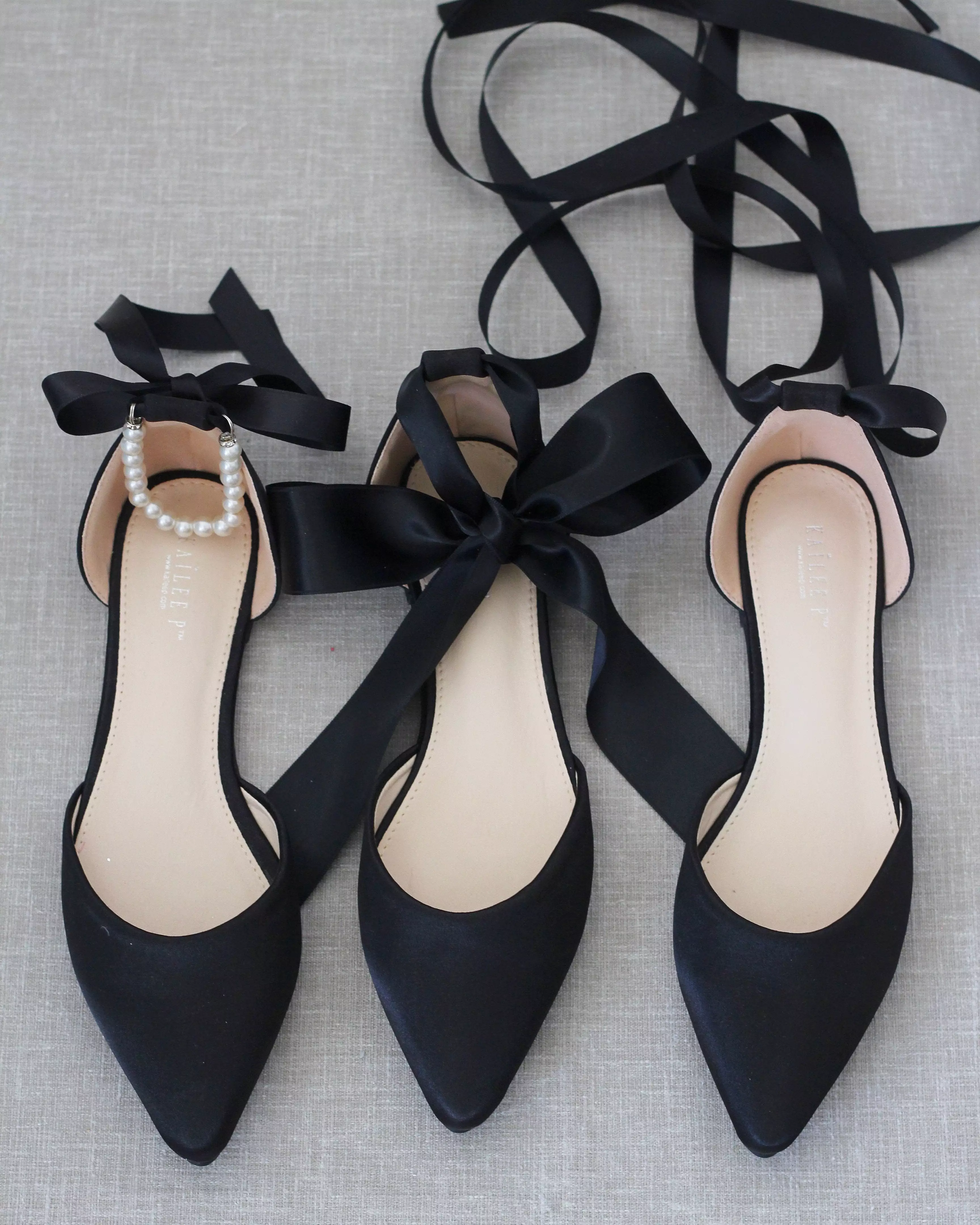 Black Satin Pointy Toe Flats with Satin Ankle Tie or Ballerina Lace Up