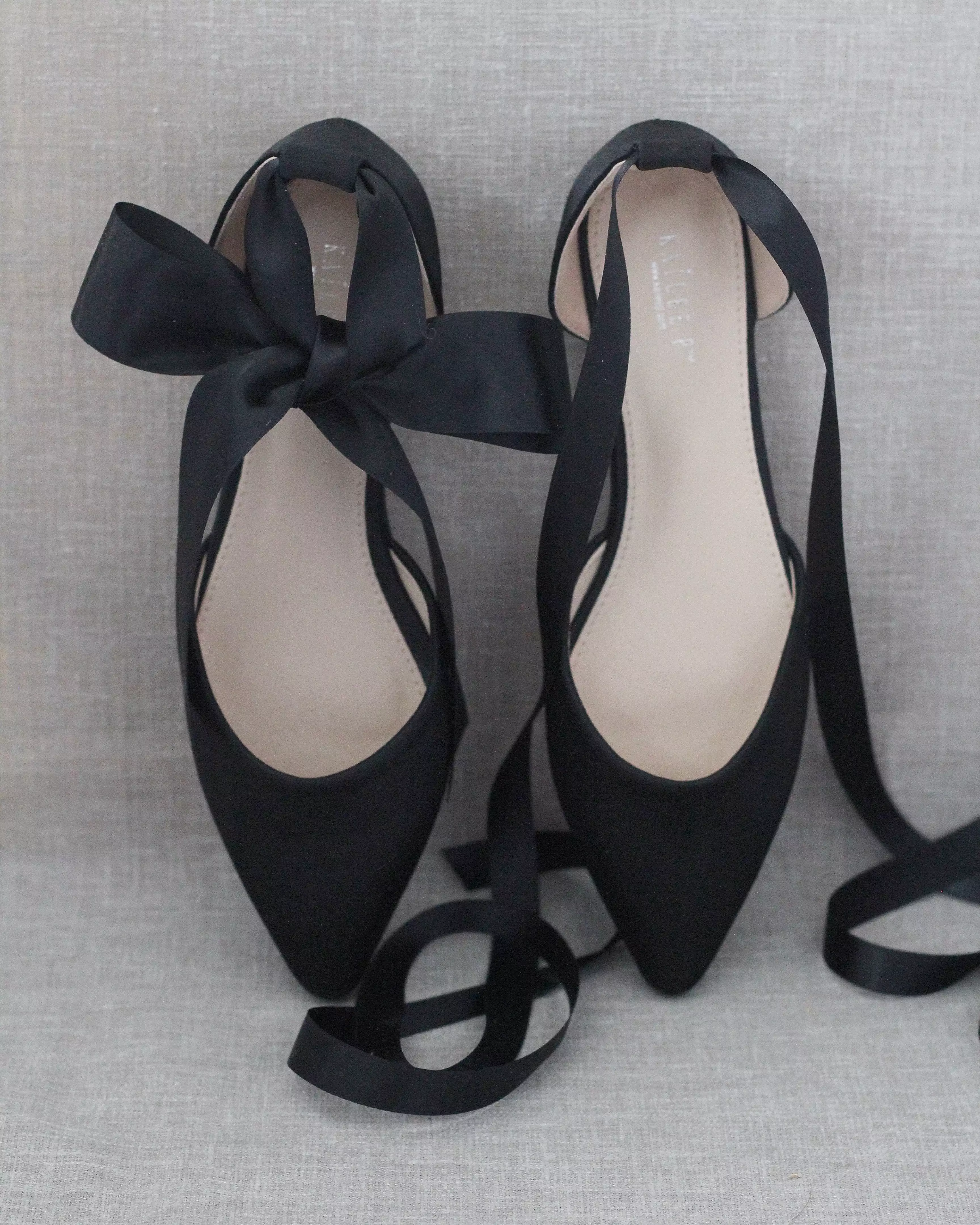 Black Satin Pointy Toe Flats with Satin Ankle Tie or Ballerina Lace Up