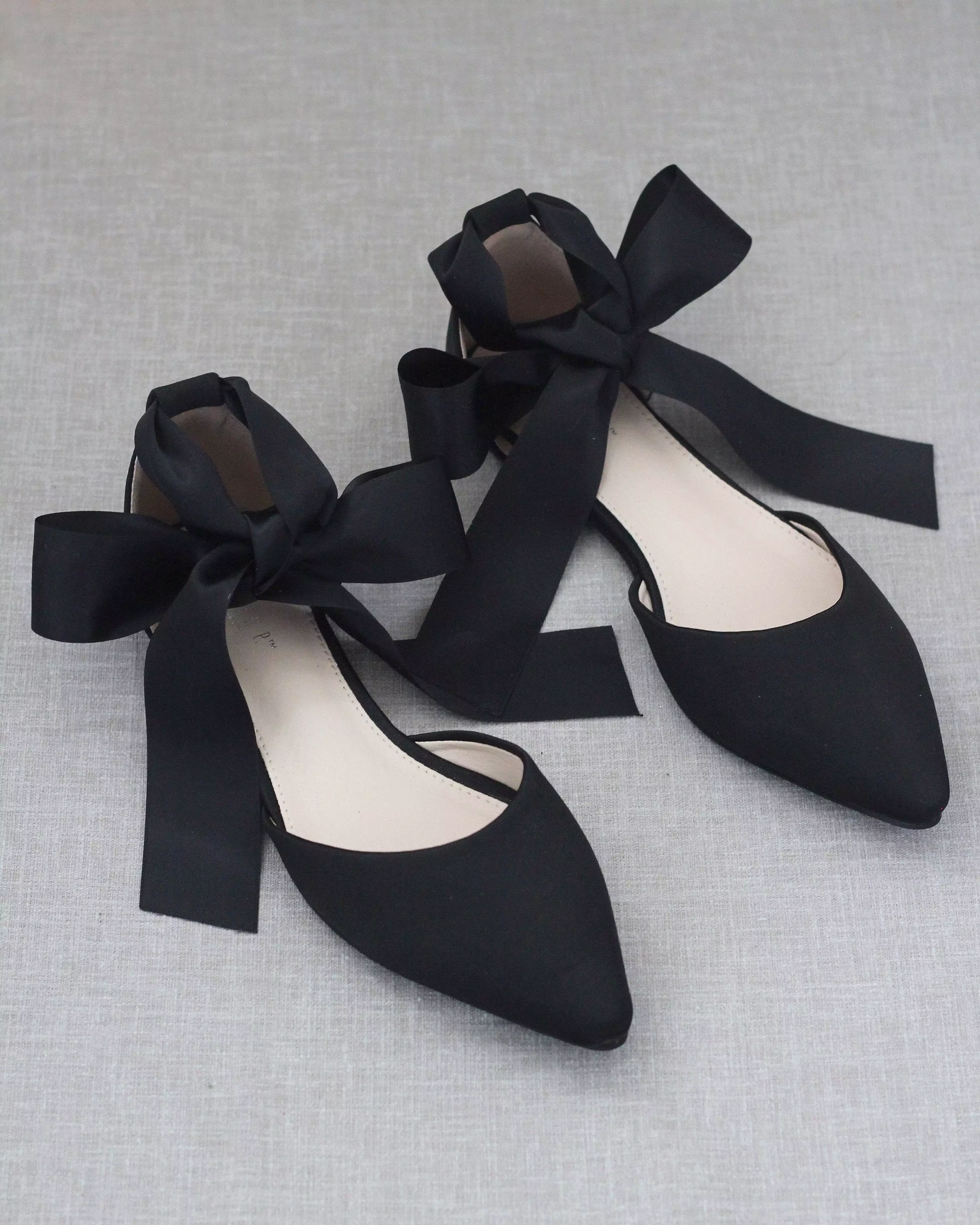 Black Satin Pointy Toe Flats with Satin Ankle Tie or Ballerina Lace Up